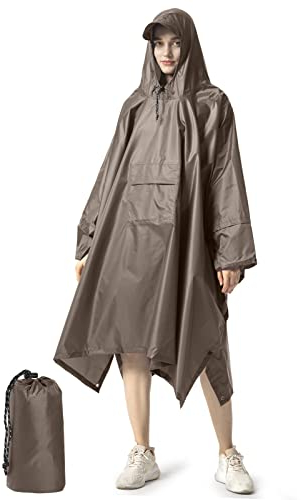 NUUR Regenponcho Herren Damen Unisex Regencape Regenmantel Regenjacke Wasserdicht Hiking Cycling Outdoor 3in1 Mehrzweck Wiederverwendbar Rain Poncho mit Kapuze Braun