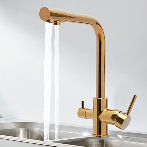 3 Wege Wasserhahn Küche, 360° Drehbar Mischbatterie Küche Trinkwasserhahn Armatur Küchenarmatur Wasserfilter Wasserhahn für Häuser, Restaurants, Hotels (Gold)