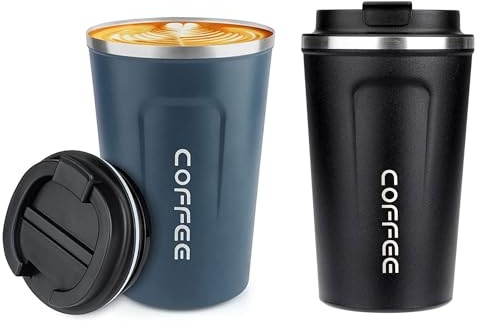 ERBO Kaffeebecher to go, Thermobecher Edelsthal, Auslaufsicher Kaffeetasse Kaffeebecher mit Deckel, Kaffeetasse Thermobecher für Unterwegs Umweltfreundlich, (Blau + Schwarz) 380ml