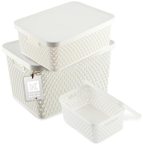 KADAX Aufbewahrungskorb, Korb mit Deckel, Aufbewahrungskiste, Aufbewahrungsbox aus Plastik, Moderner Regalkorb, Behälter mit Lüftungslöchern (3er SET: 4,5L,12L,18L, Weiß)