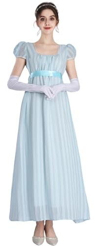 FCCAM Women's Regency Jane Austen Long Vintage Dress, Victorian Ball Gown with Gloves, Empire Waist Dress, Blue 1103, XL