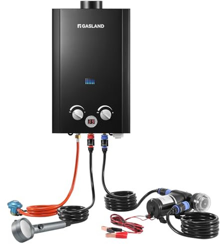 GASLAND BE264BQ120 Tankless Water Heater 10 Litre Gas Water Heater with Water Pump for Outdoor Butane (28-30 mbar)/Propane (37 mbar) for Camping, Motorhome, Barn