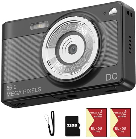 56MP Digitalkamera Fotoapparat FHD 1080P Fotokamera für Anfänger Kinder Teenager Senioren, Mini Kamera mit 32G Karte und 2 Batterien (Schwarz)