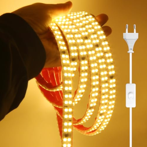 KISUFU Striscia LED SMD 2835, 220V 240 Led/m, IP65 Impermeabile Biadesivo, Tagliabile Ogni 10cm, Luce LED per Decorazione Esterna