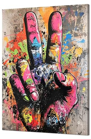 Kunstbruder© Wandbilder Banksy Gross hochkant Schlafzimmer Home Deko Wohnung Bild Wohnzimmer Bilder Leinwand Graffiti kunstdruck - Bunt gemälde (PeaceSign, 40x60 cm)