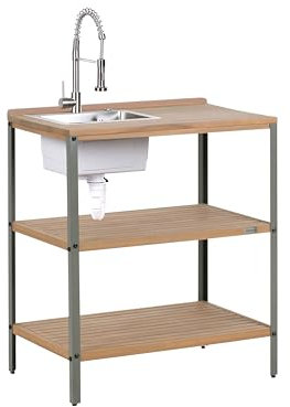Isla de cocina exterior de madera de acacia con fregadero y 2 estantes 50 x 80 x 92 cm encimera de madera maciza marrón Ivrea