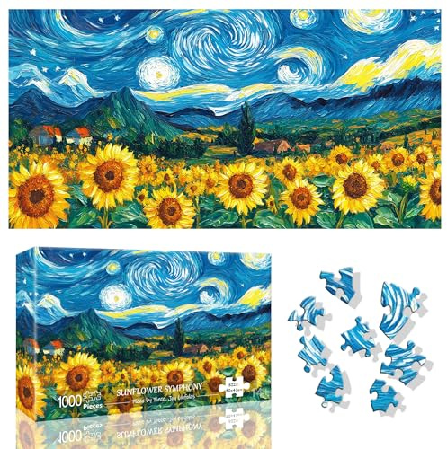 Ginfonr 1000 Piece Jigsaw Puzzles for Adults - SUNFLOWER SYMPHONY, Irregular Shaped Pieces for Challenging Fun, No Dust Classic Sunflowers Artistic Puzzle, Gifts for Family Game Night 31.5 x 16 inch