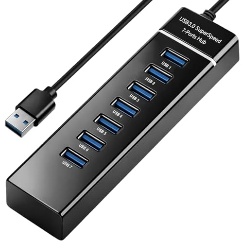 7-Port USB 3.0 Hub mit 150cm Kabel, USB A HUB Multiport Adapter Splitter mit 5V 3A Type-A Port Kompatibel mit MacBook PC Laptop PS4 Surface Pro Mobile HDD für PC Laptop MacBook U-Disk Maus