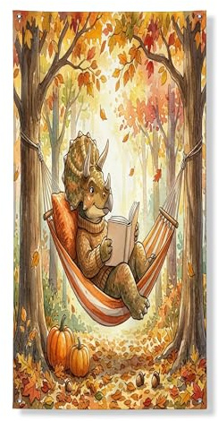 Türbanner mit Herbst-Triceratops-Muster, dekorativ, Urlaub, lustige Bücher, Haustürabdeckung, Hintergrunddekoration, für drinnen und draußen, Dinosaurier-Hof-Hintergrund, Zubehör, 91,4 x 183,9 cm