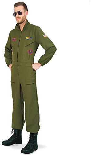 KarnevalsTeufel Kampfpilot Olivgrün Overall für Herren mit Brille (XL)