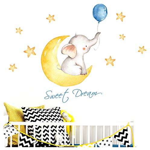 Little Deco Aufkleber Elefant & Spruch Sweet Dream I M - 139 x 63 cm (BxH) I Mond und Sterne Wandbilder Wandtattoo Kinderzimmer Tiere Deko Babyzimmer Junge DL190