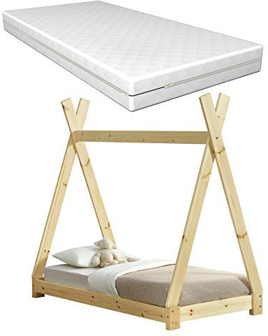 [en.casa] Kinderbett Onejda aus Kiefernholz mit Matratze 70x140cm Tipi-Design Bett Holzbett Hausbett Kaltschaummatratze Öko-Tex Standard 100 Allergikergeeignet Atmungsaktiv