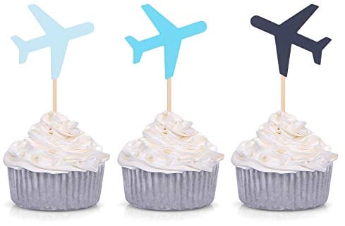 Blue Plane Cupcake Toppers for Baby Shower Decoration How Time Flies Airplane Theme Birthday Party Supplies (24 Counts)