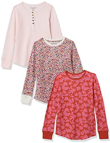 Amazon Essentials Girls' Long-Sleeved Knitted Thermal T-Shirt, Pack of 3, Light Pink/Red Leaf/White Floral, 11-12 Years