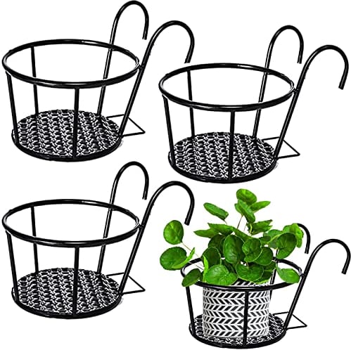 WAIZHIUA 4Pcs 22cm Metal Hanging Basket Round Hanging Flower Pot Holder Hanging Railing Planters Basket Metal Plant Pot Holder for Balcony Porch Fence(Black)