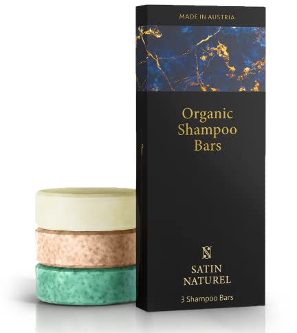 Satin Naturel Festes Shampoo Set BIO - Perfekte fur trockene Kopfhaut, 3 Shampoo Bars mit Bio Arganöl, Aloe Vera, Macadamianüsse fur Herren & Damen - 100% Vegan & Seifenfrei & Plastikfrei