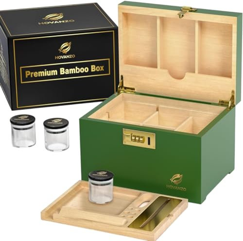 HOVANZO Premium Large Bamboo Storage Box with Combination Lock - Decorative Box Set - Large Wooden Container - Decorative Wood Storage with Accessories - Wood Kit with Glass Jars