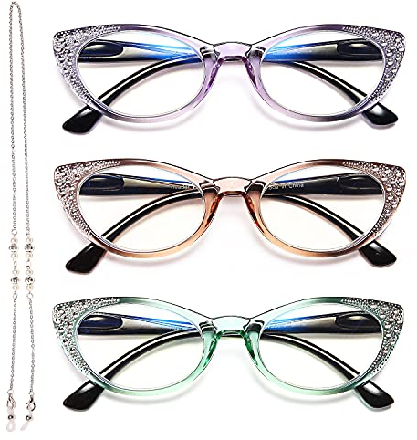 EYEURL Cateye Lesebrille für Damen 3er-Pack Blaulichtfilter Brille Computerbrille Katzenauge Lesebrille mit sehstärke strass mit Federscharnier 1.50