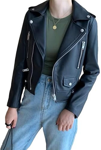 Motorrad Schaffell Jacken Für Frauen Herbst Winter Reißverschluss Kurze Echtes Leder Jacken, Schwarz , 36