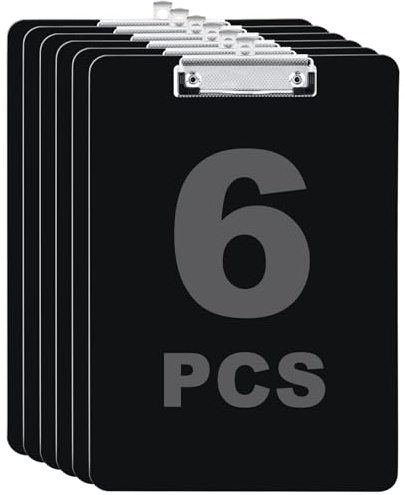 FWEEK Porte Bloc A4 avec Pince, Lot de 6 Planchettes à Pince et Porte-Formulaires en Plastique Noir, Support Feuille avec Pince A4 pour École, Bureau, Maison (31 x 21.8 cm)