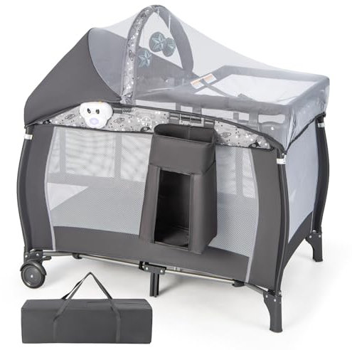 COSTWAY 4 in 1 Beistellbett, tragbares Reisebett mit faltbaren Matratze, Babybett mit Wickeltisch, Baldachin, Spielbogen & Spieluhr, Stubenwagen mit Rollen, Tragetasche für Baby bis 36 Monaten (Grau)