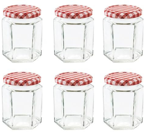 NBBENG Glass Jam Jars Glass Preserve Pots with Screw Top Red Gingham Lids, Hexagonal Storage Glass Jars | Clear Airtight Jar for Kitchen Spices Honey or Sweets (6)