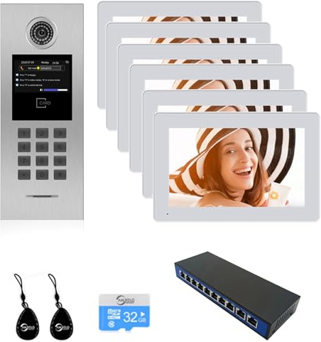 Tuya Smart Video Intercom System 6 Einheit 7 Zoll IP Video Sprechanlage für Mehrfamilienhaus Sicherheit Home Access Control System mit Digital Keypad und IC-Karte (1 Türklingel + 6 Monitor)