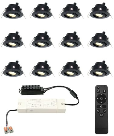 HOFTRONIC - Einbaustrahler Schwarz Feuchtraum Badezimmer 12V Terrassenüberdachung IP44 Wasserdicht | 12x3W 200 Lumen 2700K Warmweiß Dimmbar Schwenkbar Flach RF-Fernbedienung 3W Mini LED Einbaustrahler