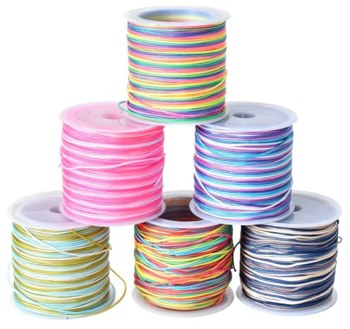 6 Rollos Hilo de Nylon para Pulseras,0.8mm x 45m Hilo Encerado Resistente para Hacer Pulseras,Collares y Joyería DIY,Colores Arcoíris,Antidesgaste y Sin Decoloración