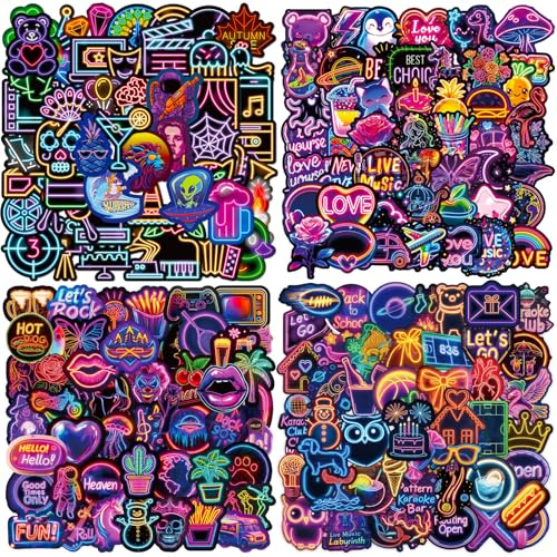 DiiWmme 200 Pcs Neon Stickers Pack, Cool Waterproof Vinyl Stickers for Kids Adults Teens, Laptop Stickers for Scrapbook Journal, Skateboard, Water Bottle, Luggage, Teacher Reward Prizes for Children