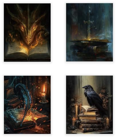 CRAFTYMELODY Wandbild Set „Buch Drache Vogel“ (4 Poster Im Dunklen Stil) – Wanddekoration Für Bücherliebhaber Geeignet Für Wohnzimmer Schlafzimmer Und Büro (8x10cm Ungerahmt)
