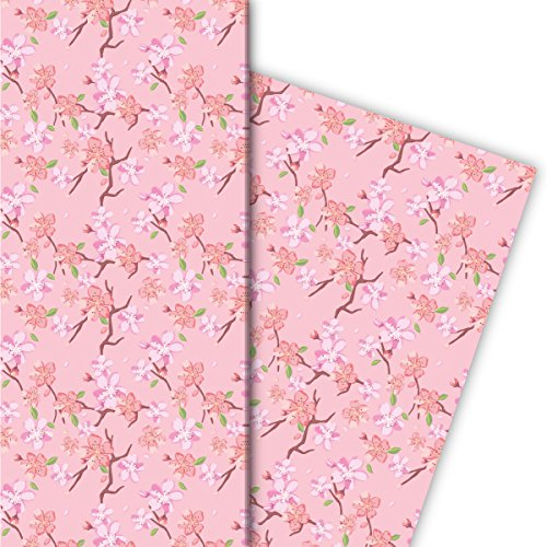 Kartenkaufrausch Frühlings Geschenkpapier Set mit japanischer Kirschblüte für liebe Geschenkverpackung, DIY Projekte, Basteln, 4 Bögen, 32 x 48cm Dekorpapier, Musterpapier zum Einpacken