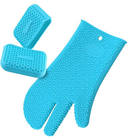 Kochblume Handschuh & Thermo-Fingerschutz 2er Set | Hitzeschutz Set | Premium-Silikon | Hitzebeständig | Spülmaschinenfest | Farbe: türkis