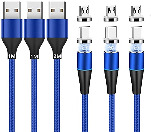 Magnetisches Ladekabel (1m+1m+2m,3 Stück) USB C/Typ C/Micro USB 2-in-1 Magnet USB Kabel 3A Schnellladung und Datensynchronisation LED Ladekabel Kompatibel mit Alles Android Phone Smartphone (Blau)
