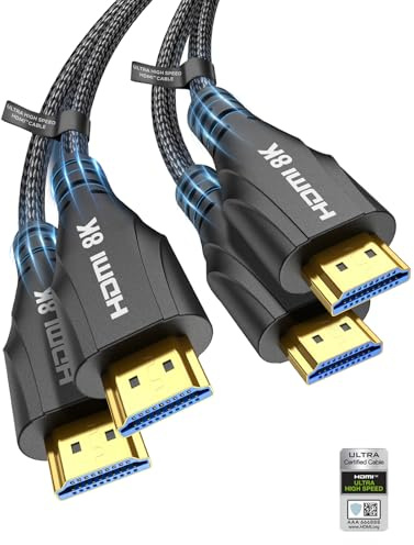 8k HDMI 2.1 Cable 10FT Certified 2 Pack,Male to Male HDMI 48Gbps Ultra High Speed HDMI Braided Cord, 8K 60Hz 4K120Hz HDCP 2.2&2.3, HDR10 Compatible with Fire Roku Apple TV 4K PS4 PS5 Xbox Series X