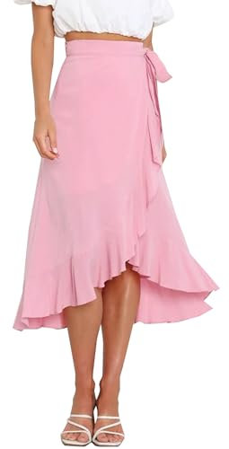 FEOYA Jupe Portefeuille mi-Longue Femmes Une Pièce Jupes Longues D'été Décontractées pour La Plage Taille Haute Jupes Maxi Enveloppantes Rose XL