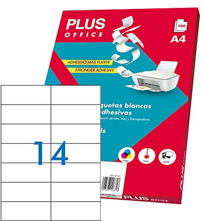 Plus Office - Etiquetas Autoadhesivas Blancas Para Imprimir, Pack De 100 Hojas Pegatinas Adhesivas De Papel En Hojas A4 Para Impresora Inkjet, Láser Y Fotocopiadoras, 14 Etiquetas Por Hoja (105x42mm)