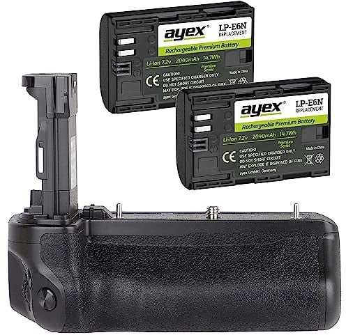 ayex Battery Grip for Canon EOS R5 & R6 such as BG-R10 with 2 x LP-E6N Batteries, Compact Handle for Comfortable and Secure Grip, Ergonomic and Robust