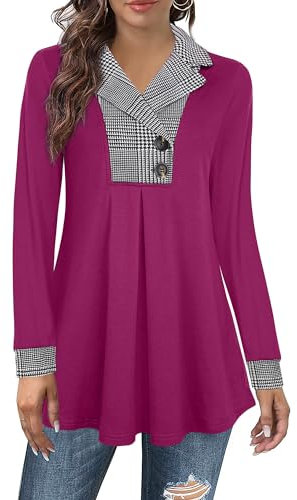 Datuhao Tunique à manches longues pour femme - Élégant - Pull long décontracté - Col à revers - Pull avec boutons, pied-de-poule magenta, L