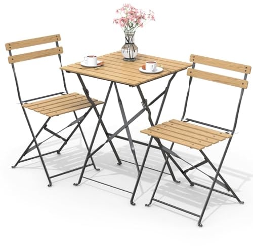 vounot® Set de Bistro Ensemble de Mobilier d'Extérieur de 3 pièces avec Table et 2 Chaises Pliantes en Bois pour Balcon Terrasse et Jardin
