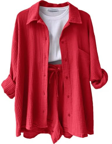 Sommer Zweiteiler Damen Travel Outfit Musselin Bluse Fitness-Bekleidung Yoga Clothes Damen Zweiteiler Elegant Y2k Clothes Kurze Hosen Damen Sommer Set Hosenanzug Damen Sportlich(3-Red,XL