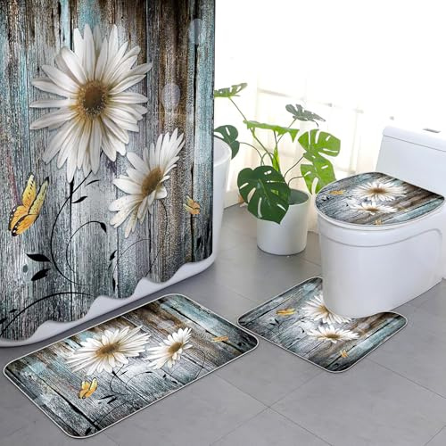 APROPHIC Ensemble de 4 rideaux de douche en forme de marguerite blanche rétro en bois avec rideau de douche et tapis, tapis de couvercle de toilette et tampon en forme de U lavable avec 12 crochets