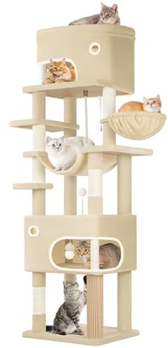 Hzuaneri Arbre à Chat, Abri à Chat Multi-Niveaux de 203 cm avec Grande Plateforme, 2 Niches, 7 Griffoirs, Pompons, Paniers, Hamac, Convient aux Chats de Toutes Tailles, Beige MS20318YL
