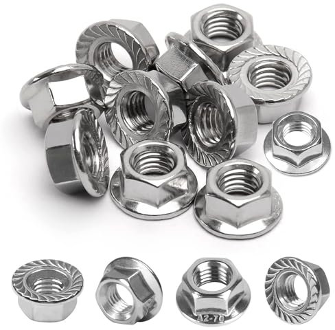 30 tuercas de brida M5 de acero inoxidable, tuercas hexagonales, tuercas autoblocantes con dentado de bloqueo, tuerca de unión, según DIN 6923, tuerca hexagonal con brida (30 unidades, M5)