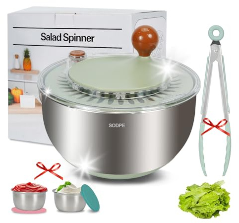 SODPE Stainless Steel Salad Spinner Large, Salad Washer Spinner and Dryer, Lettuce Cleaner Spinner, Vegetable Dryer, Fruit Washer with Dipping Saucers and Clip Dishwasher Safe, 5.3Qt