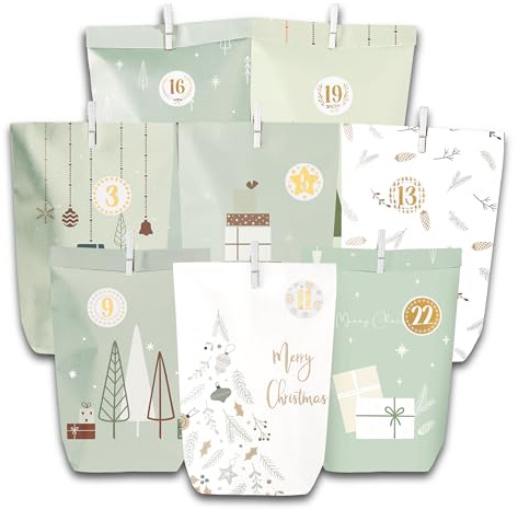 Adventskalender zum Selbermachen – 28 Papiertüten zum Befüllen mit weihnachtlichem Motiv, Zahlenaufklebern, Holzklammern und Band
