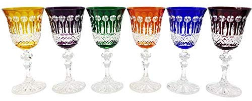 6 Verres à Vin et à Eau en Cristal à Pied - 6 Couleurs Assorties - Art de la Table - Service Roemer Diamant (17 cl) - Artisan du Cristal - Coffret Cadeau - Estampillé : Klein 54120 Baccarat France