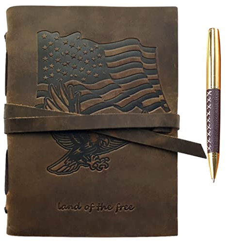 Sovereign-Gear Patriotisches Geschenk Amerikanische Flagge und Adler, Leder Tagebuch Notizbuch USA-Flagge handgefertigtes Reisetagebuch A5, Vintage-Schriftzug für Männer und Frauen 15 x 20 cm + Stift