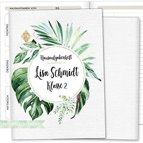 OLGS Hausaufgabenheft Hülle Tropical Green inkl. Heft Schulheft Schutzhülle Umschlag Geschenkidee Einschulung personalisierbar mit Namen und die Schulklasse (personalisiert, Tropical Green 08)