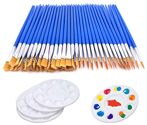65 Pcs Flat Paint Brushes Set,Small Paint Brush Bulk 60pcs Acrylic Paint brush + 5 PCS Round Paint Pallet Trays for Kids,Nylon Hair Oil Watercolor Artist Painting for Kid Paint Party Classroom